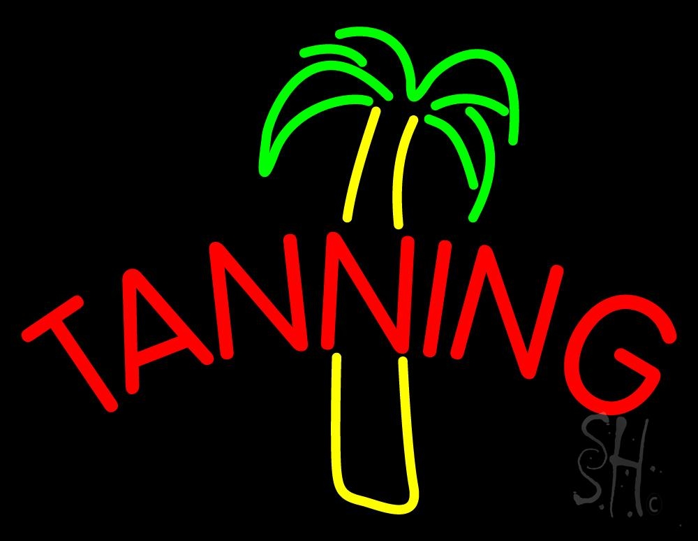 N105-1836-clear Tanning with Palm Tree Clear Backing Neon Sign - Red, Yellow & Green - 24 in. Tall x 31 in. Wide