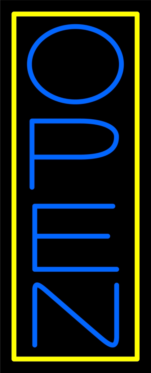 N100-06341-clear Blue Open with Yellow Border Vertical Clear Backing Neon Sign - Blue & Yellow - 32 in. Tall x 13 in. Wide