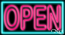N100-06376-clear Double Stroke Pink Open with Aqua Border Clear Backing Neon Sign - Pink & Turquoise - 20 in. Tall x 37 in. Wide