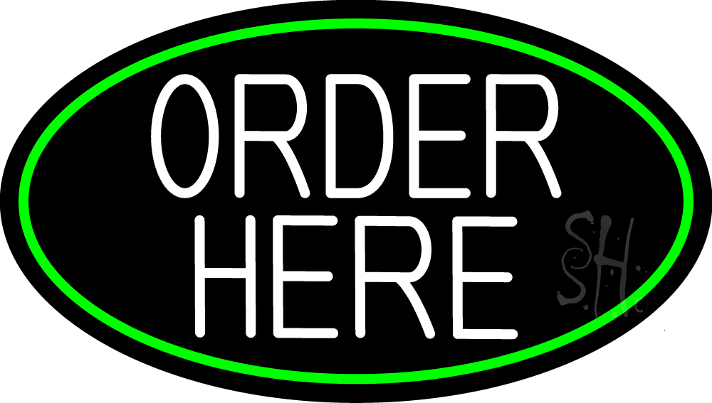 N105-16340-clear White Order Here with Oval Green Border Clear Backing Neon Sign - White & Green - 17 in. Tall x 30 in. Wide