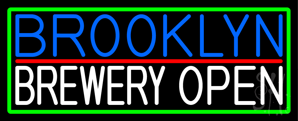 Brooklyn Brewery Open with Green Border Clear Backing Neon Sign - Blue, White, Red & Green - 13 in. Tall x 32 in. Wide