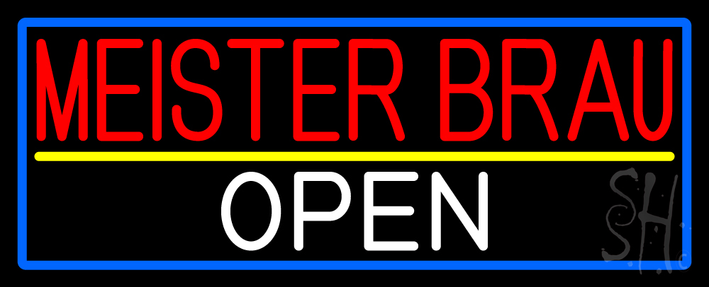 Meister Brau Open with Blue Border Clear Backing Neon Sign - Red, White, Yellow & Blue - 13 in. Tall x 32 in. Wide