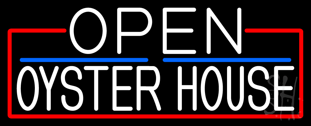 White Open Oyster House with Red Border Clear Backing Neon Sign - Red, White & Blue - 13 in. Tall x 32 in. Wide