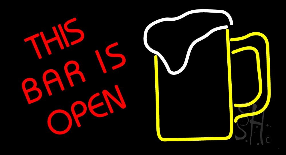 N105-0933-clear This Bar Is Open with Beer Mug Clear Backing Neon Sign - Red, White & Yellow - 20 in. Tall x 37 in. Wide