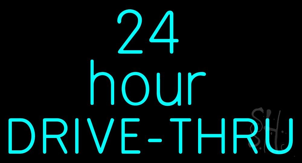 N105-2848-clear 24 Hours Double Stroke Drive Thru Clear Backing Neon Sign - Turquoise - 20 in. Tall x 37 in. Wide