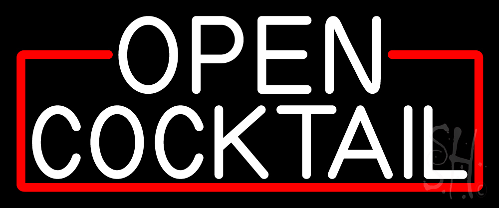 N105-16319-clear White Cocktail Open with Red Border Clear Backing Neon Sign - Red & White - 10 in. Tall x 24 in. Wide