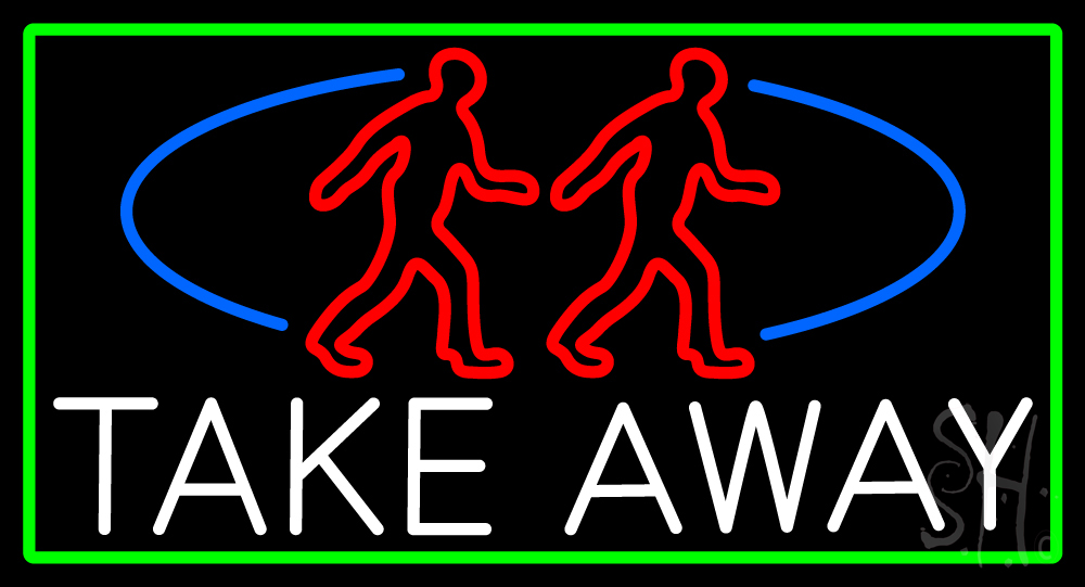 Take Away Man with Green Border Clear Backing Neon Sign - Green, Blue, White & Red - 20 in. Tall x 37 in. Wide