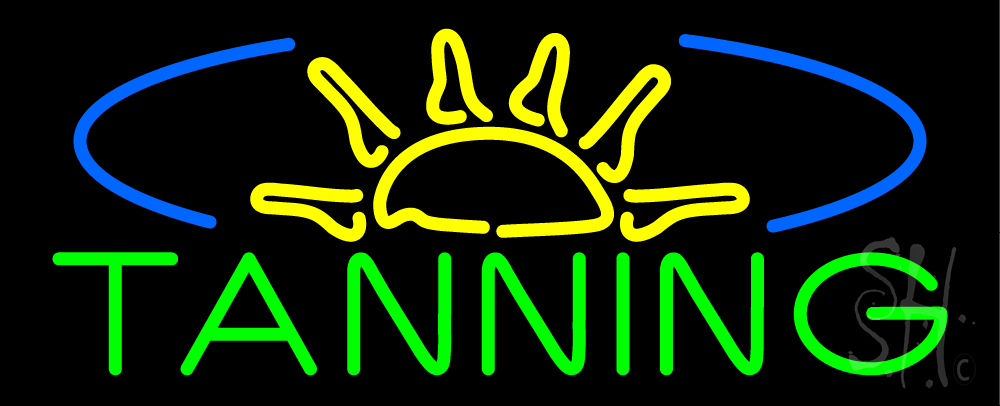 N105-16180-clear Tanning with Sun Rays Clear Backing Neon Sign - Blue, Yellow & Green - 13 in. Tall x 32 in. Wide