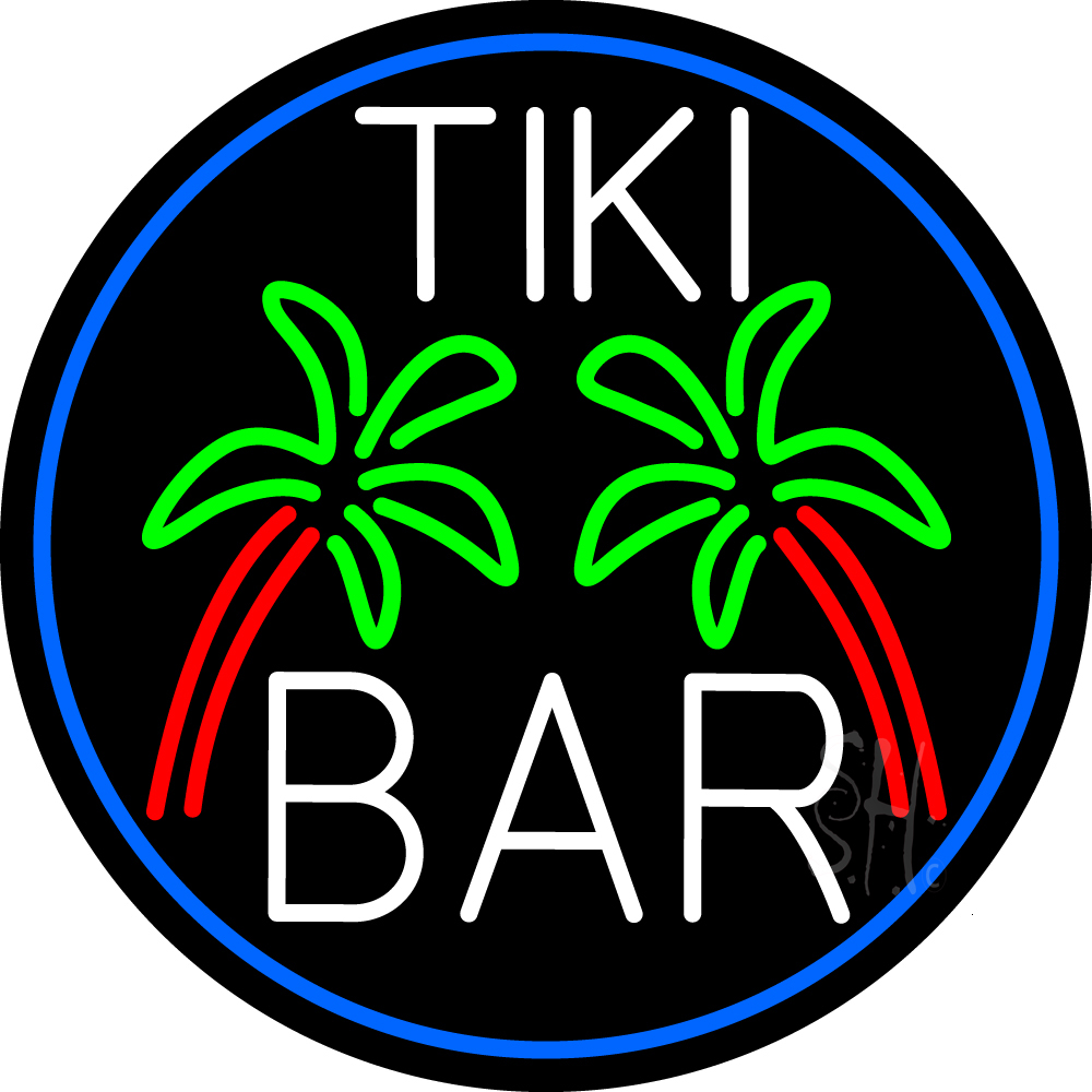 White Tiki Bar Palm Tree Oval with Blue Border Clear Backing Neon Sign - Blue, Green, Red & White - 26 in. Tall x 26 in. Wide