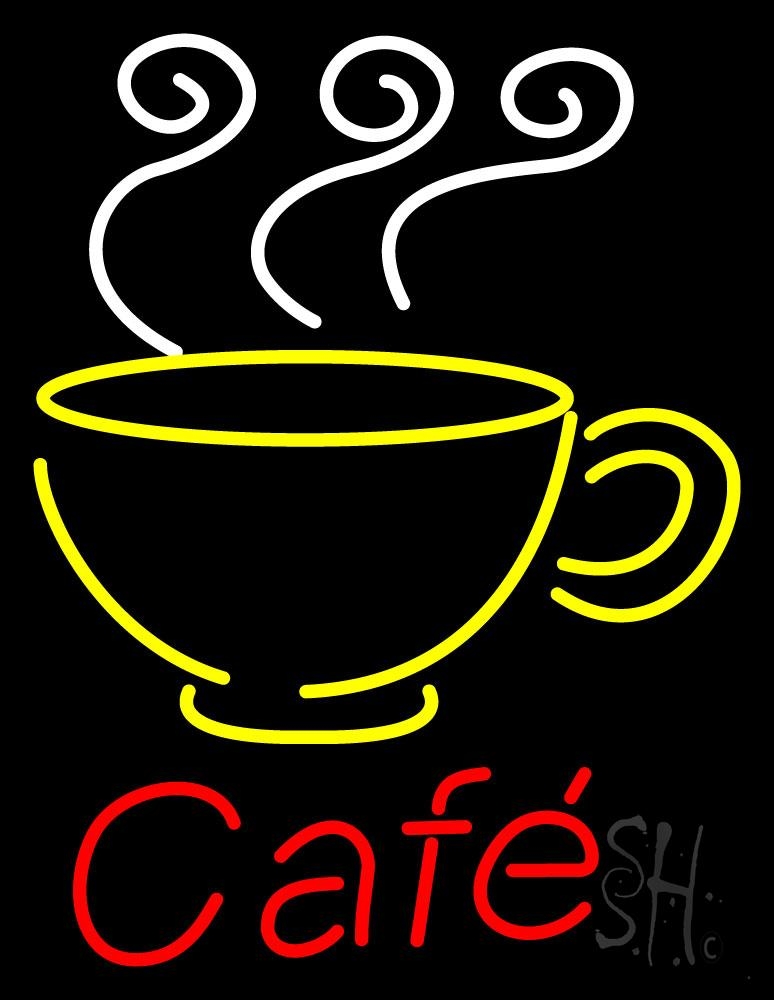 N105-1383-clear Cafe with Coffee Mug Clear Backing Neon Sign - Yellow, White & Red - 31 in. Tall x 24 in. Wide