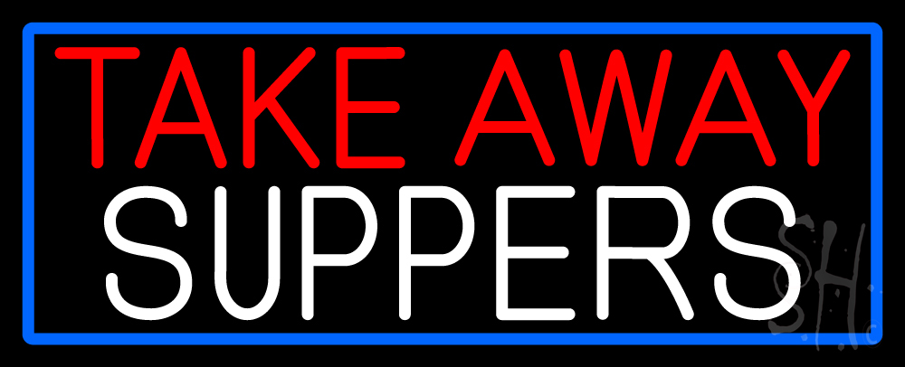 N105-16151-clear Take Away Suppers with Blue Border Clear Backing Neon Sign - Blue, Red & White - 13 in. Tall x 32 in. Wide