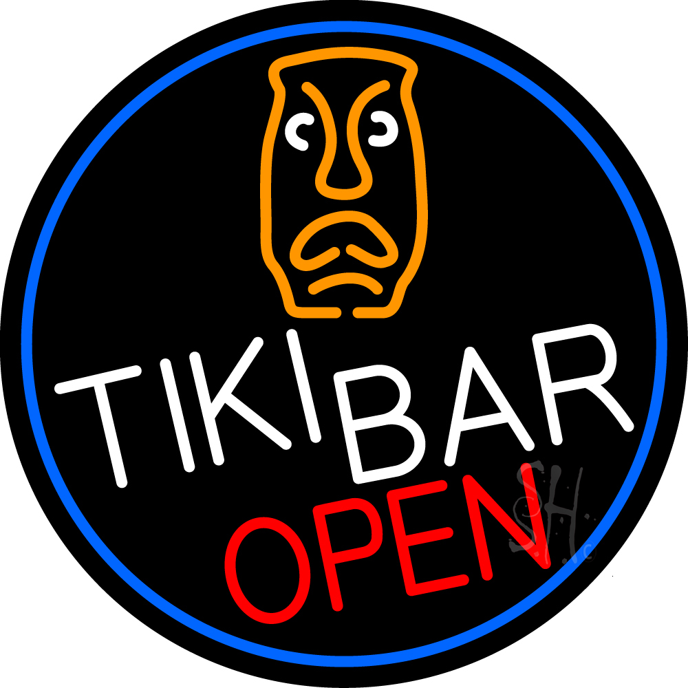 Tiki Bar Sculpture Open Oval with Blue Border Clear Backing Neon Sign - Blue, Orange, White & Red - 26 in. Tall x 26 in. Wide