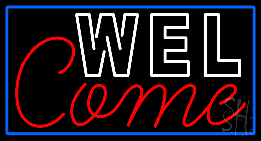 N105-16309-clear Welcome with Blue Border Clear Backing Neon Sign - Blue, Red & White - 20 in. Tall x 37 in. Wide