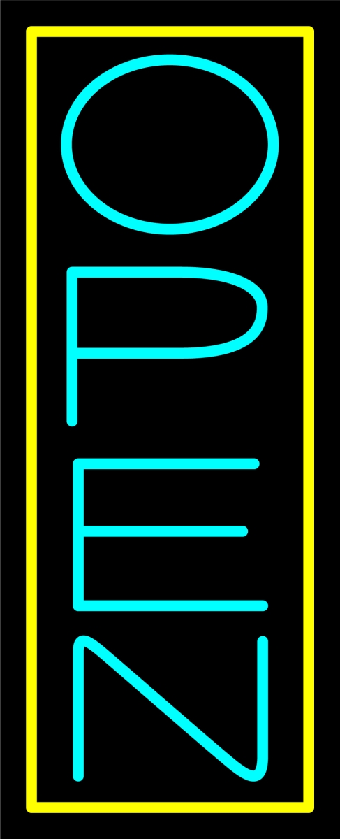 N100-06335-clear Aqua Open with Yellow Border Vertical Clear Backing Neon Sign - Turquoise & Yellow - 32 in. Tall x 13 in. Wide