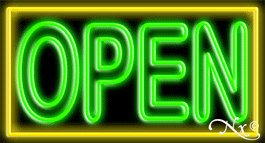 N100-06374-clear Double Stroke Green Open with Yellow Border Clear Backing Neon Sign - Green & Yellow - 20 in. Tall x 37 in. Wide