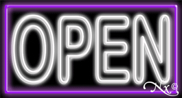 N100-06385-clear Double Stroke White Open with Purple Border Clear Backing Neon Sign - White & Purple - 20 in. Tall x 37 in. Wide