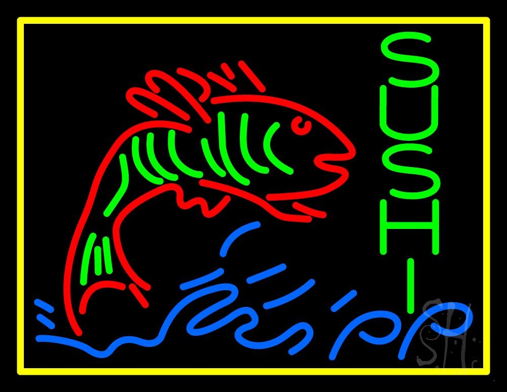 Vertical Green Sushi with Fish Logo Clear Backing Neon Sign - Yellow, Red, Green & Blue - 24 in. Tall x 31 in. Wide