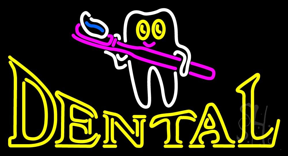 N105-2292-clear Dental with Tooth & Brush Logo Clear Backing Neon Sign - Yellow, Pink, White & Blue - 20 in. Tall x 37 in. Wide