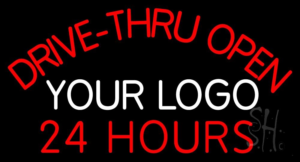N105-1032-clear Custom Drive Thru Open 24 Hours Clear Backing Neon Sign - White & Red - 20 in. Tall x 37 in. Wide