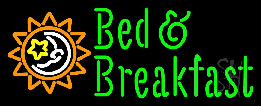 Bed & Breakfast with Sun Logo Clear Backing Neon Sign - Orange, Green, White & Yellow - 13 in. Tall x 32 in. Wide