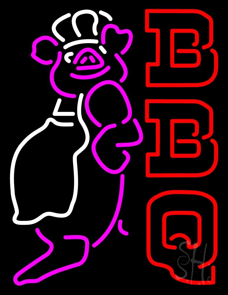 N105-2005-clear Double Stroke BBQ Pig Logo Clear Backing Neon Sign - Pink, Red & White - 24 in. Tall x 31 in. Wide