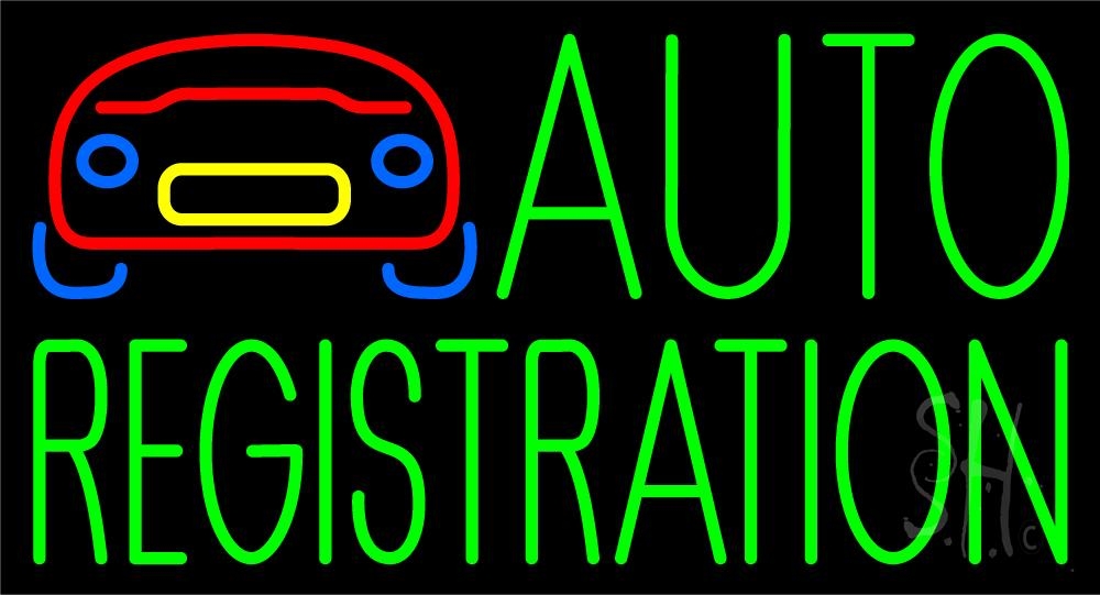 Green Auto Registration with Logo Clear Backing Neon Sign - Green, Yellow, Red & Blue - 20 in. Tall x 37 in. Wide
