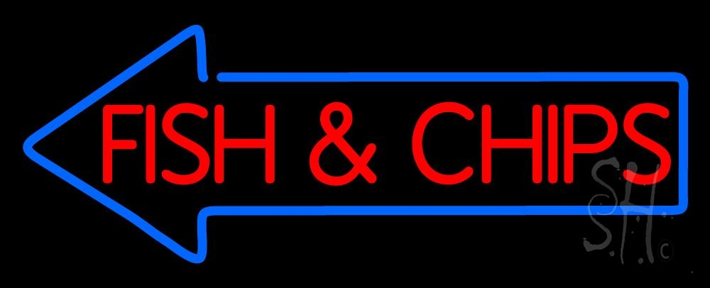 N105-1133-clear Red Fish & Chips with Arrow Clear Backing Neon Sign - Blue & Red - 13 in. Tall x 32 in. Wide