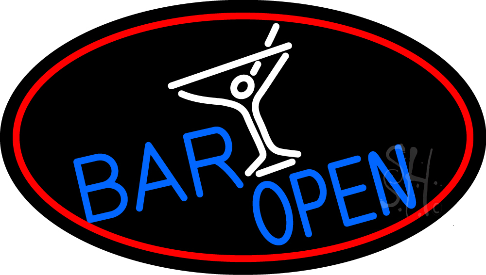 N105-15043-clear Blue Bar Open with Martini Glass Clear Backing Neon Sign - Red, White & Blue - 17 in. Tall x 30 in. Wide