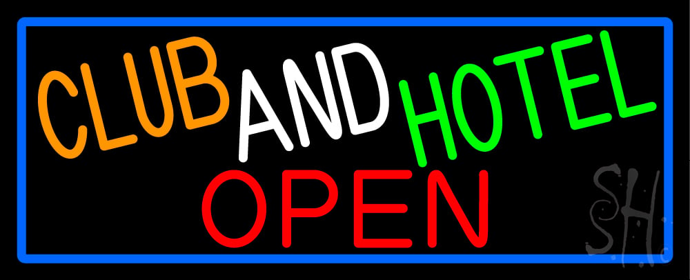 N105-15132-clear Club & Hotel Open with Blue Border Clear Backing Neon Sign - Multi Color - 13 in. Tall x 32 in. Wide
