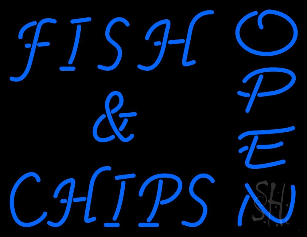 N105-1100-clear Fish & Chips Open Clear Backing Neon Sign - Blue - 24 in. Tall x 31 in. Wide