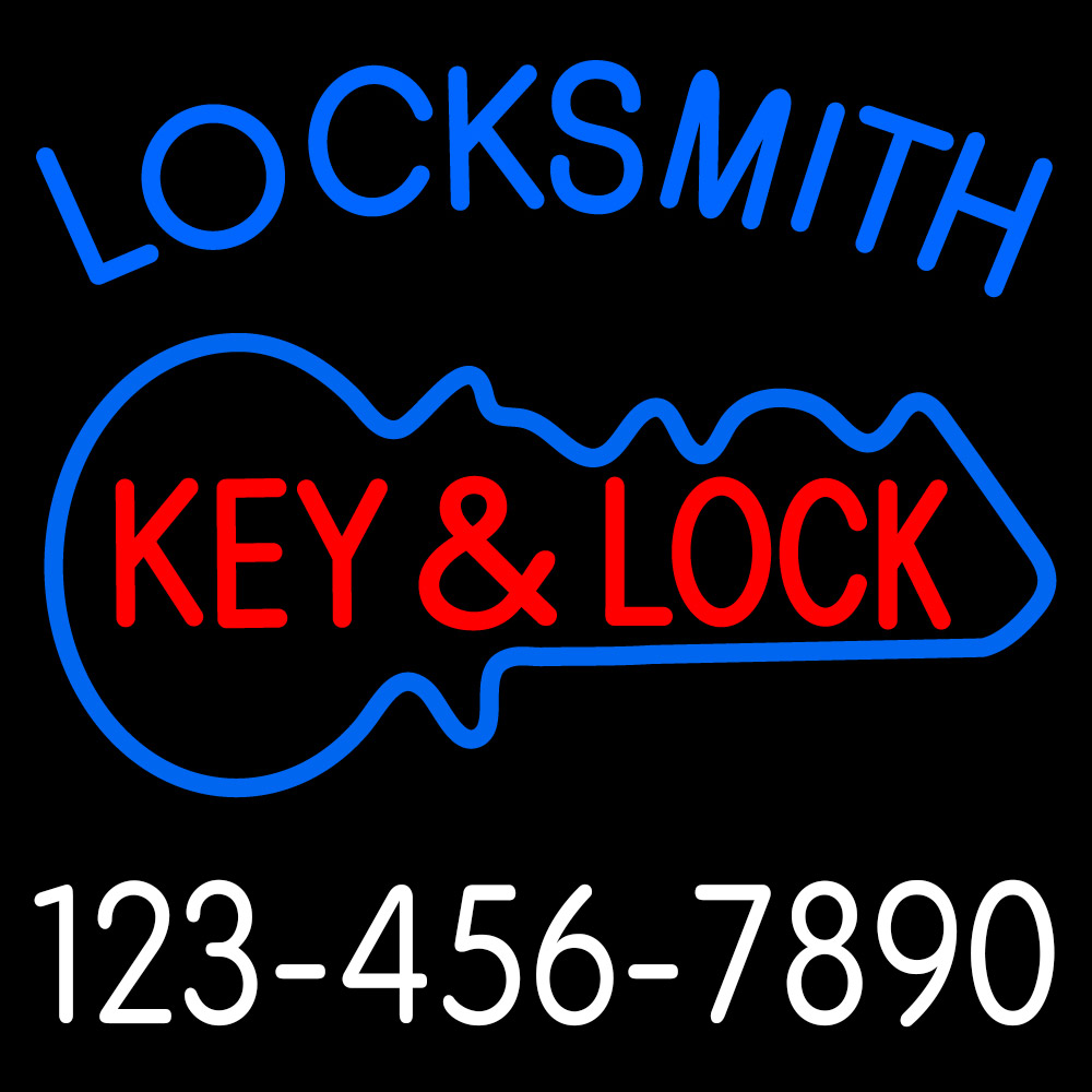 N105-2779-clear Locksmith Keys & Lock 1 Clear Backing Neon Sign - Blue, White & Red - 24 in. Tall x 24 in. Wide