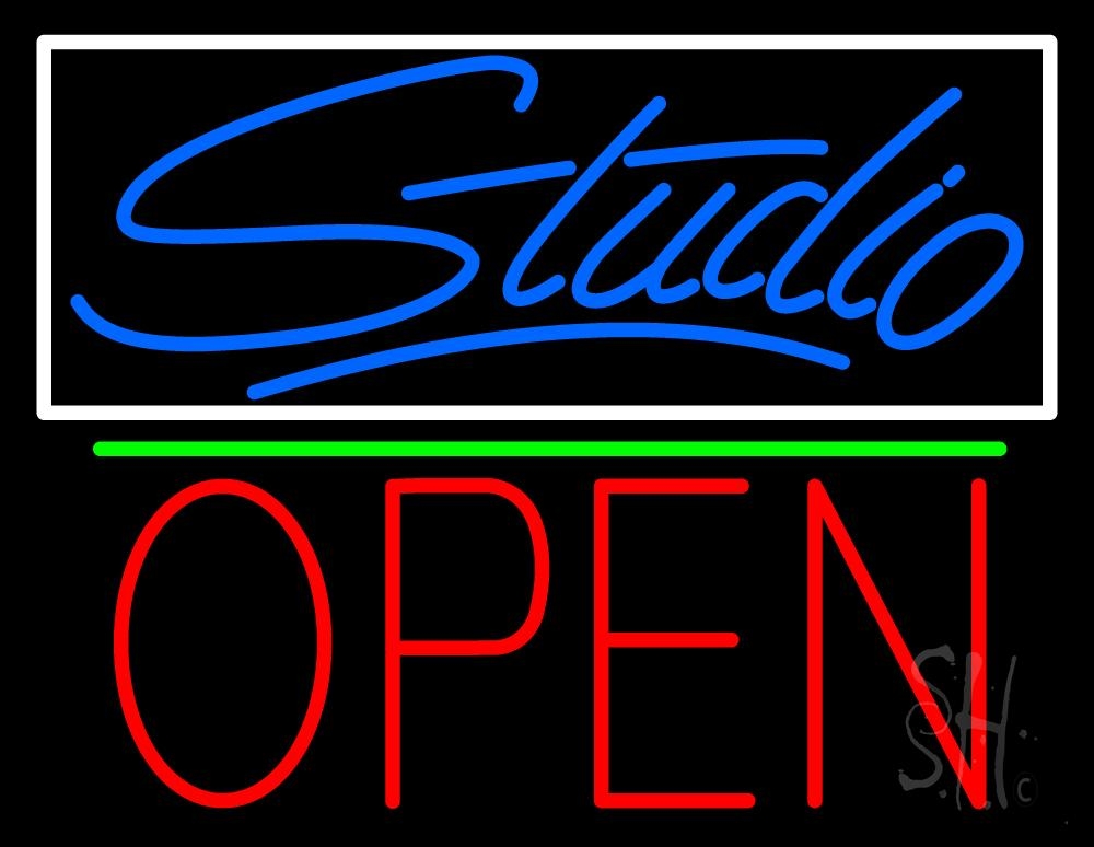 N105-6837-clear Blue Studio with Open 1 Clear Backing Neon Sign - White, Red, Blue & Green - 24 in. Tall x 31 in. Wide
