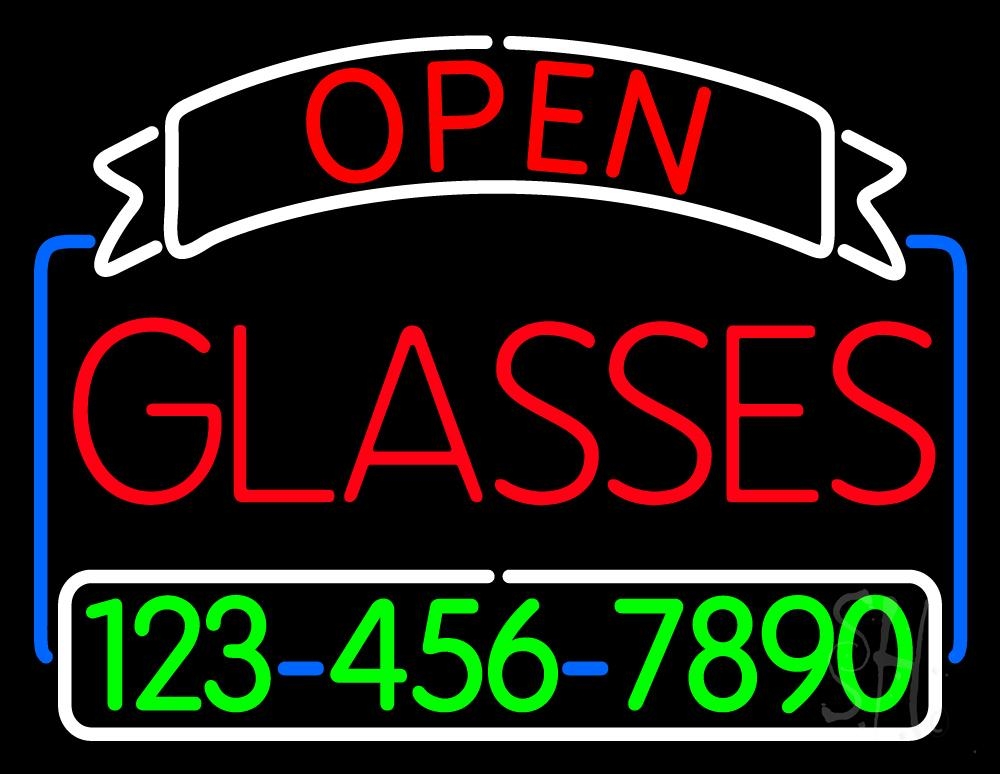 N105-2348-clear Open Glasses with Number Clear Backing Neon Sign - White, Red, Blue & Green - 24 in. Tall x 31 in. Wide