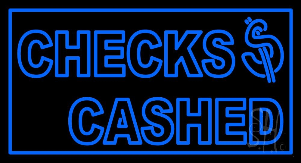 N105-2438-clear Checks Cashed with Dollar Logo Clear Backing Neon Sign - Blue - 20 in. Tall x 37 in. Wide
