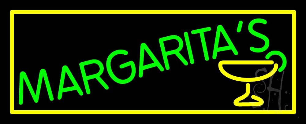 N105-2167-clear Margaritas with Glass Logo Clear Backing Neon Sign - Yellow & Green - 13 in. Tall x 32 in. Wide -  The Sign Store