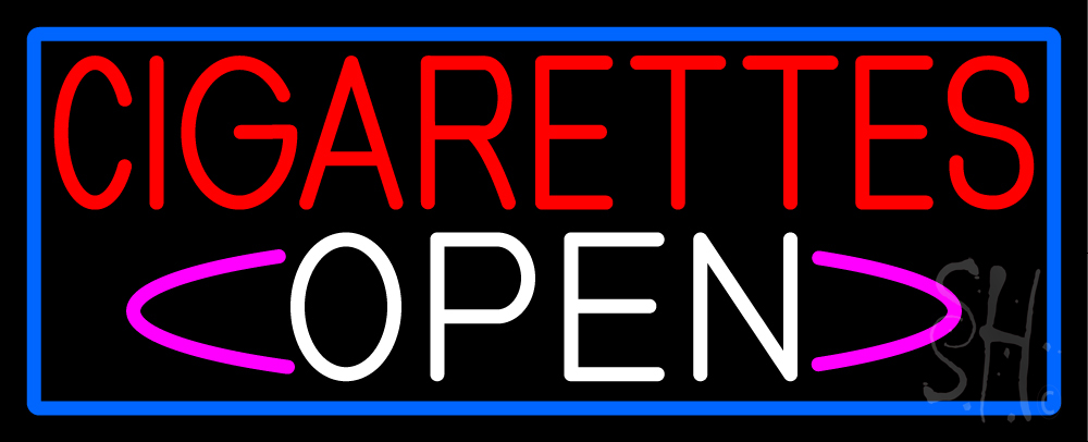 N105-16473-clear Cigarettes Open with Blue Border Clear Backing Neon Sign - Blue, Red, White & Pink - 13 in. Tall x 32 in. Wide