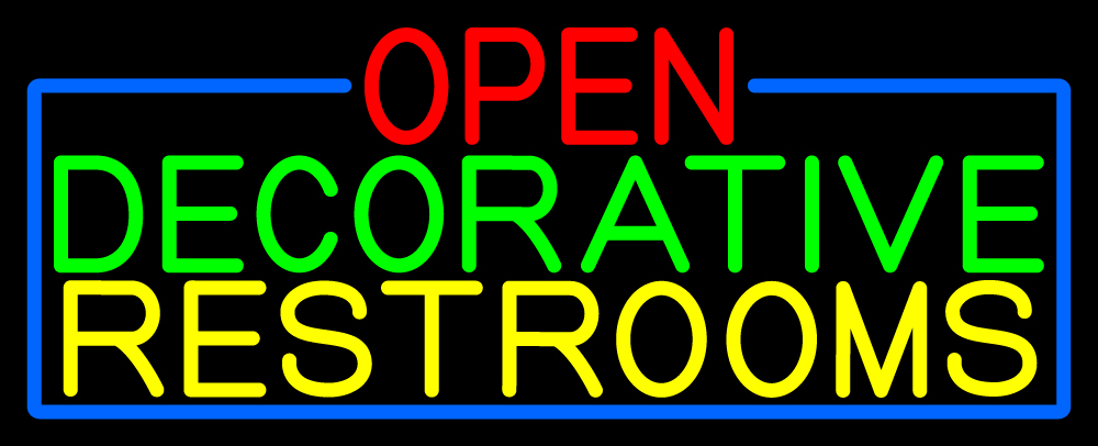 N105-16625-clear Open Decorative Restrooms with Blue Border Clear Backing Neon Sign - Red, Green, Yellow & Blue - 13 in. Tall x 32 in. Wide
