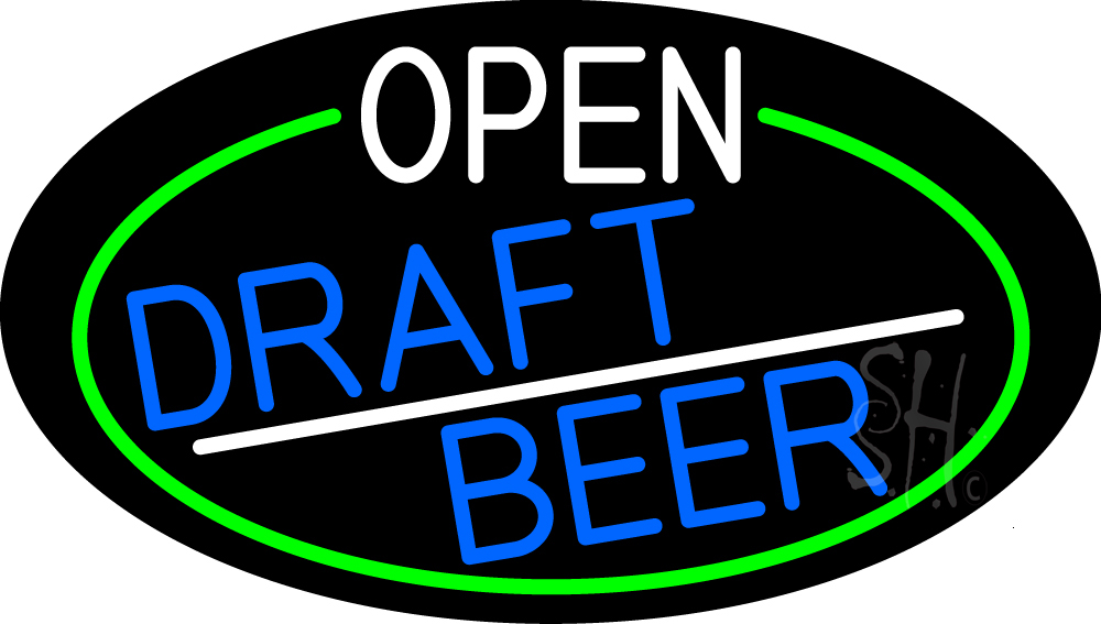N105-16640-clear Open Draft Beer Oval with Green Border Clear Backing Neon Sign - White, Blue & Green - 17 in. Tall x 30 in. Wide