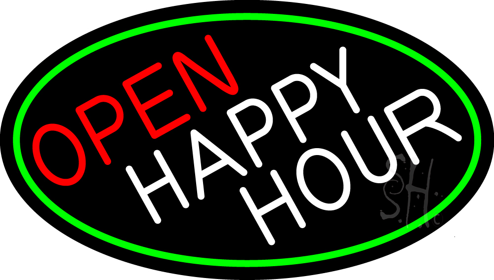 Open Happy Hour Oval with Green Border Clear Backing Neon Sign - Green, White & Red - 17 in. Tall x 30 in. Wide