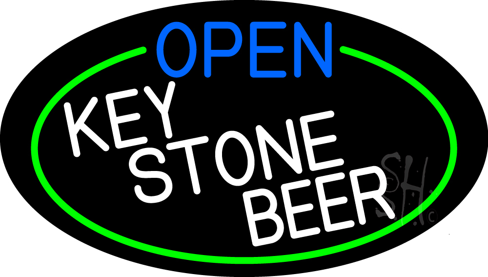 Open Key Stone Beer Oval with Green Border Clear Backing Neon Sign - Green, White & Blue - 17 in. Tall x 30 in. Wide