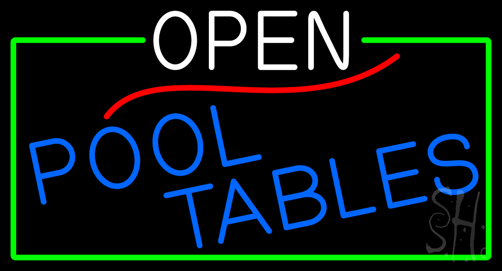 Open Pool Tables with Green Border Clear Backing Neon Sign - White, Red, Green & Blue - 20 in. Tall x 37 in. Wide