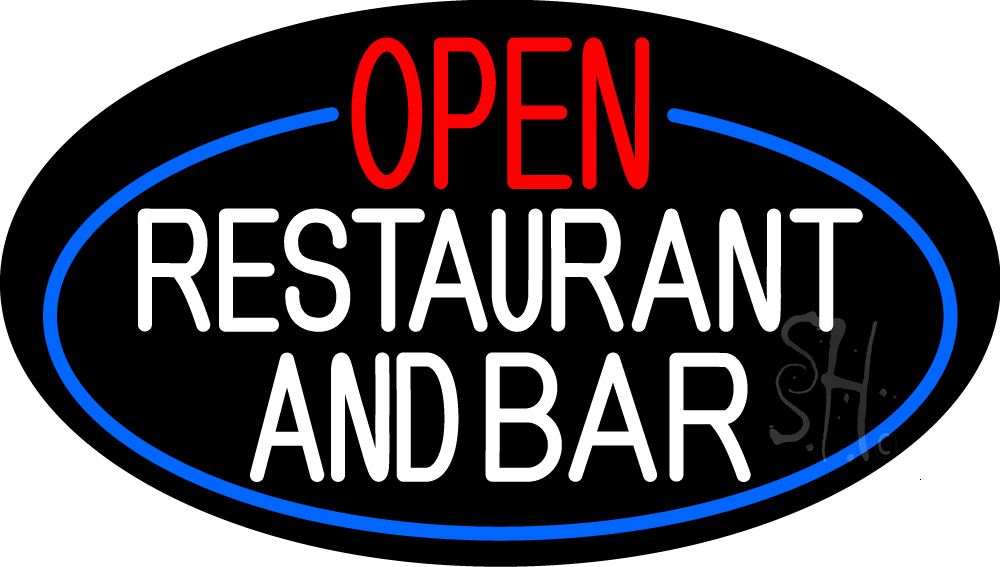 Open Restaurant & Bar Oval with Blue Border Clear Backing Neon Sign - Blue, Red & White - 17 in. Tall x 30 in. Wide