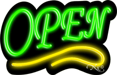 N100-06351-clear Deco Style Green Open with Yellow Line Clear Backing Neon Sign - Green & Yellow - 14 in. Tall x 22 in. Wide