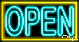 N100-06372-clear Double Stroke Aqua Open with Yellow Border Clear Backing Neon Sign - Turquoise & Yellow - 20 in. Tall x 37 in. Wide