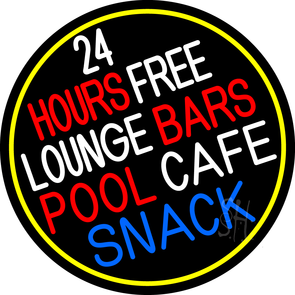 24 Hours Free Lounge Bars Pool Cafe Snack Oval with Border Clear Backing Neon Sign - Yellow, White, Red & Blue - 26 in. Tall x 26 in. Wide