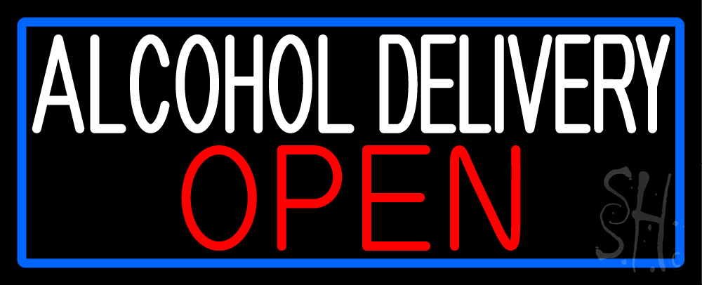 Alcohol Delivery Open with Blue Border Clear Backing Neon Sign - White, Red & Blue - 13 in. Tall x 32 in. Wide