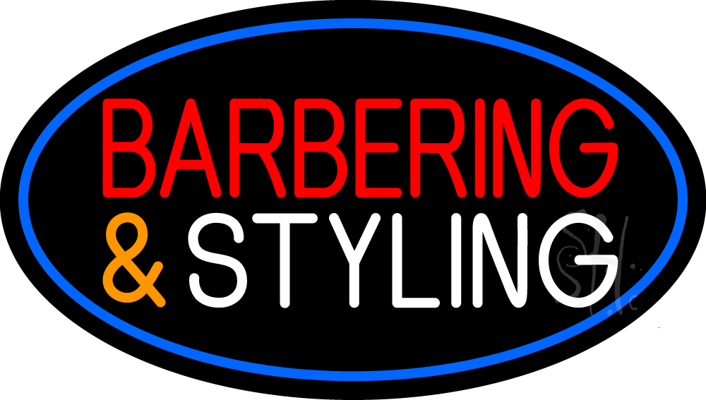 Barbering & Styling with Blue Border Clear Backing Neon Sign - Red, White, Orange & Blue - 17 in. Tall x 30 in. Wide