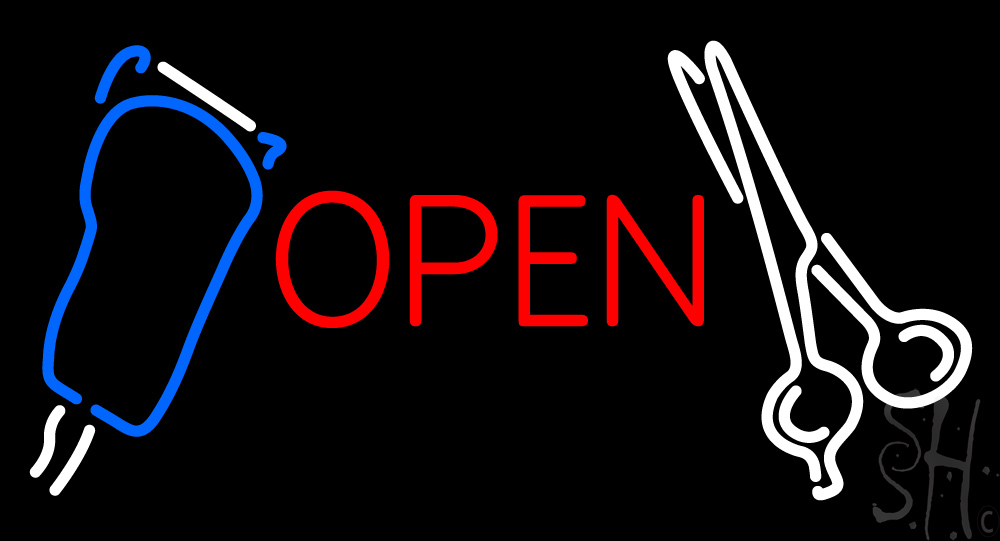 N500-2153-clear Scissor with Clipper Logo Open Clear Backing Neon Sign - Red, White & Blue - 20 in. Tall x 37 in. Wide