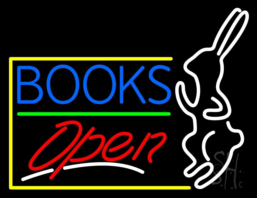 N105-3322-clear Blue Books with Rabbit Logo Open Clear Backing Neon Sign - White & Red - 24 in. Tall x 31 in. Wide
