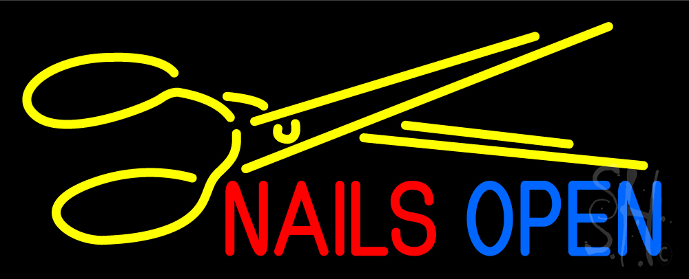 N105-15749-clear Nails Open with Scissors Clear Backing Neon Sign - Yellow, Red & Blue - 13 in. Tall x 32 in. Wide